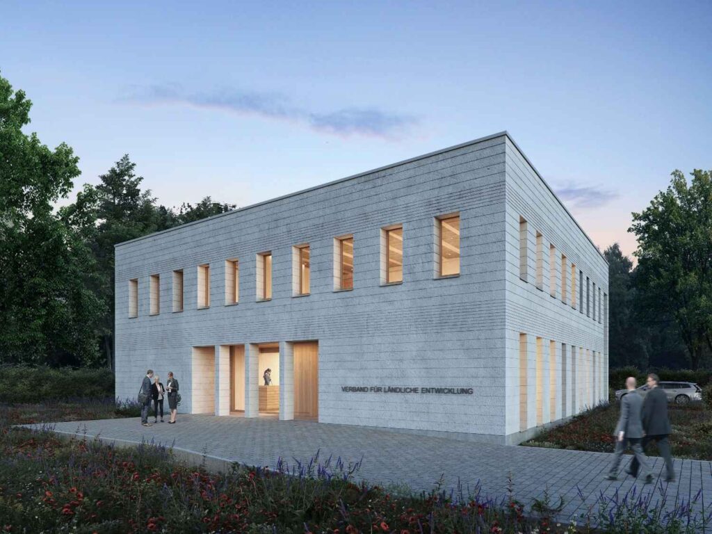 Fassade des Verbandes für ländliche Entwicklung und Fensterreihe.