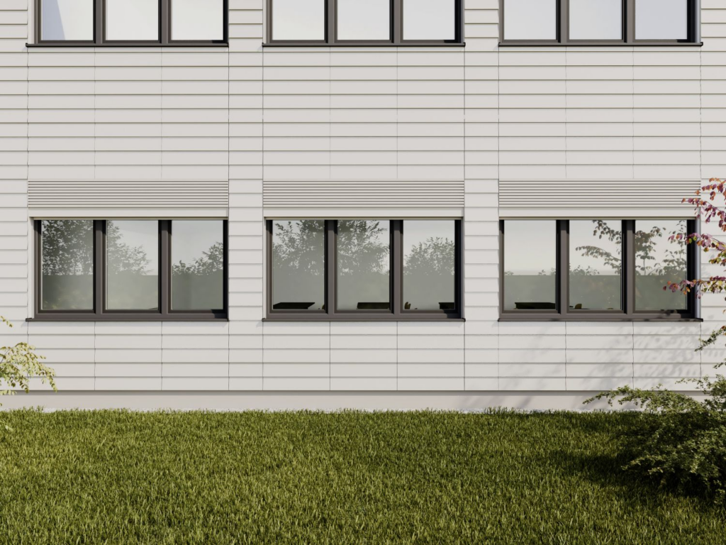 Visualisierung der fassadenintegrierte dezentrale Lüftung in einem öffentlichen Gebäude.