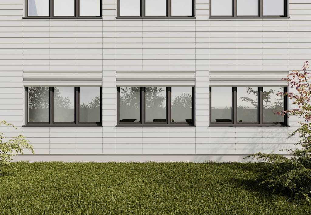 Visualisierung der fassadenintegrierte dezentrale Lüftung in einem öffentlichen Gebäude.