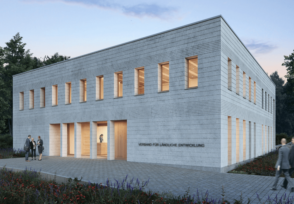 Visualisierung des neuen Verwaltungsgebäudes in Tirschenreuth, das in eine lebendige Landschaft integriert ist.