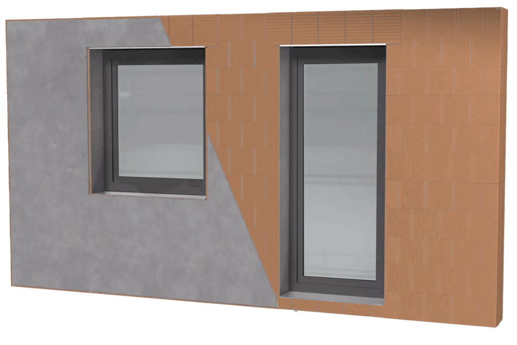 Ziegelfertigteil mit Fenster und Tür.