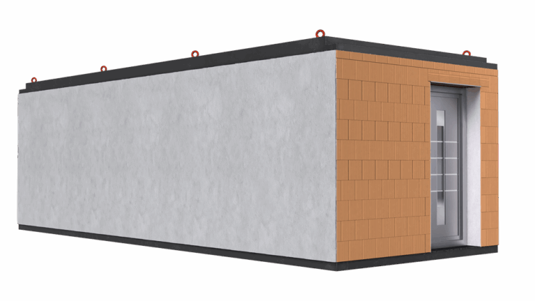 Modularer Container mit grauer und orangefarbener Wand, Eingangstür auf der Vorderseite.