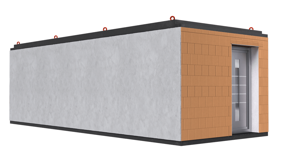 Modularer Container mit grauer und orangefarbener Wand, Eingangstür auf der Vorderseite.