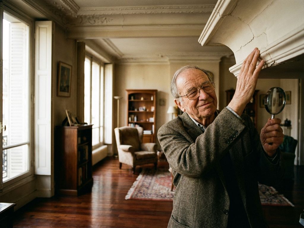 Älterer Herr betrachtet ornamentierte Deckenverzierungen in klassischer europäischer Wohnung mit Parkettboden