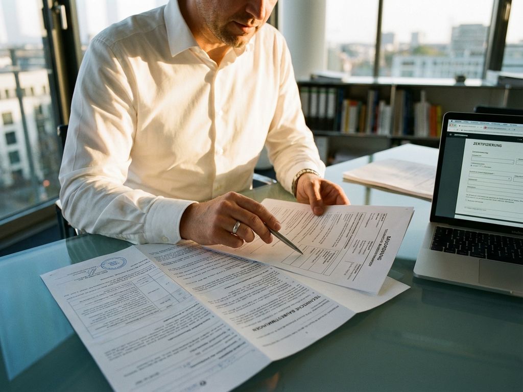 Architekt prüft deutsche Bauvorschriften-Dokumente am Glasschreibtisch mit Laptop und Zertifizierungsformularen