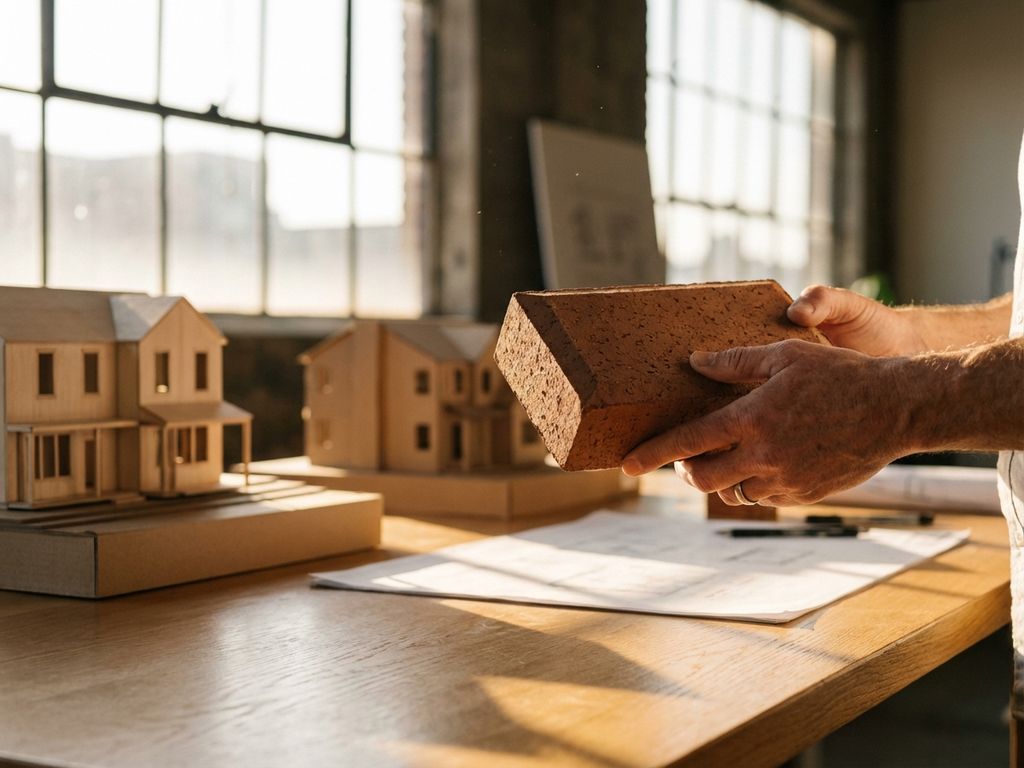 Architekt hält Premium-Baustein in Händen, untersucht Textur, Gebäudemodelle auf Holztisch im warmen Sonnenlicht
