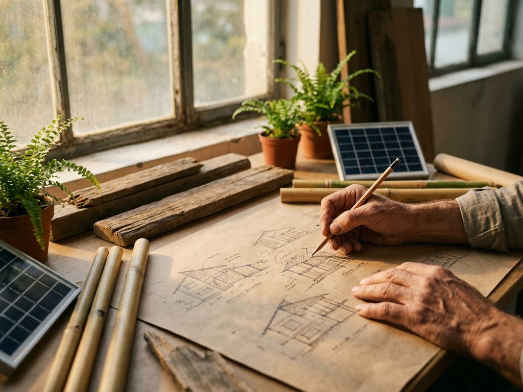 Architekt zeichnet nachhaltige Gebäudeentwürfe auf Recyclingpapier, umgeben von Bambus, Holz und Solarpanel-Modellen