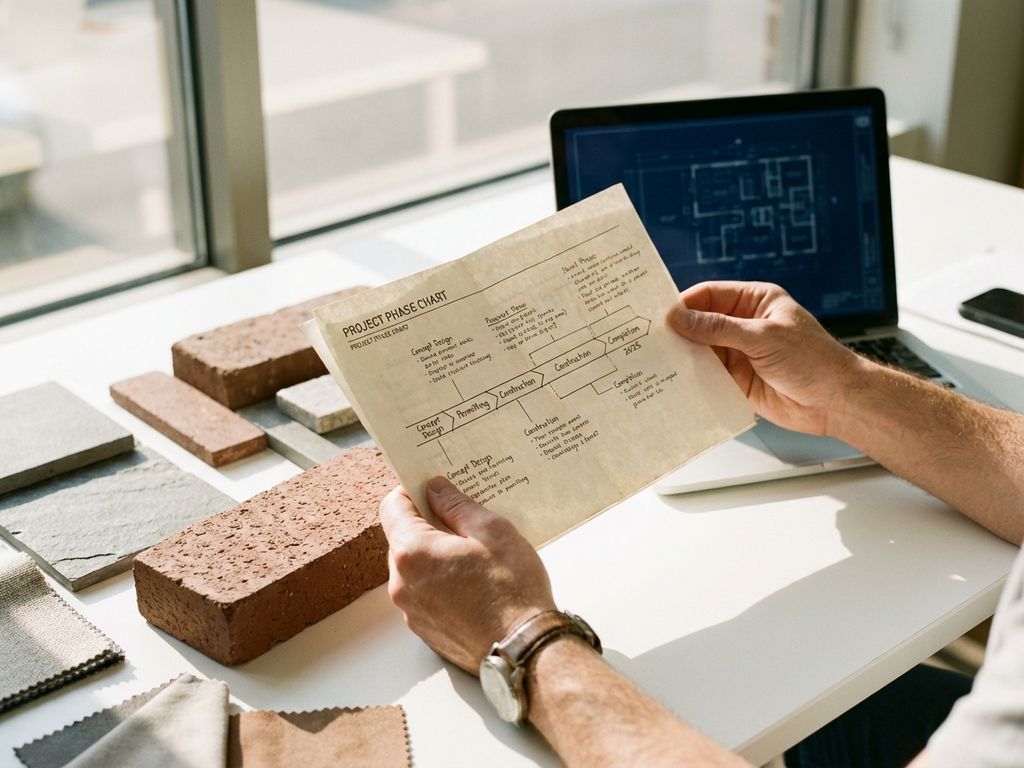 Architekt hält Projektzeitleiste mit Bauphasen, umgeben von Ziegelproben und Materialmustern auf weißem Schreibtisch