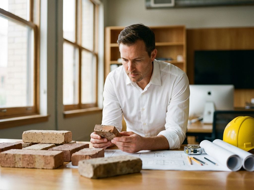 Architekt prüft Ziegelproben am Schreibtisch mit Bauplänen, Helm und Messwerkzeugen in modernem Büro