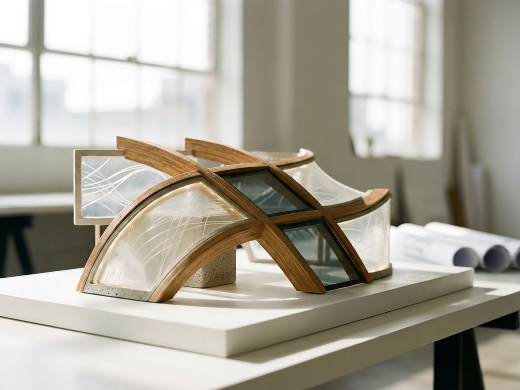 Architekturmodell mit innovativen Baumaterialien: Bio-Beton, Bambus-Verbundträger und intelligentes Glas auf weißem Tisch
