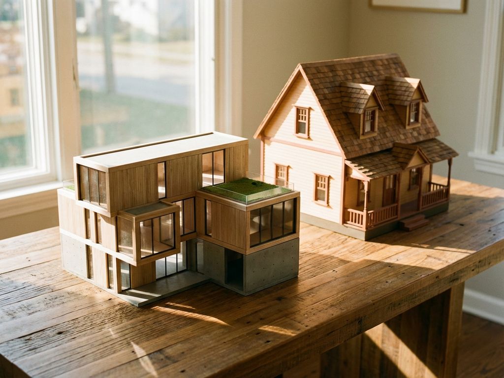 Detailliertes Architekturmodell eines modularen Gebäudes und traditionelles Puppenhaus auf Holztisch bei warmem Sonnenlicht