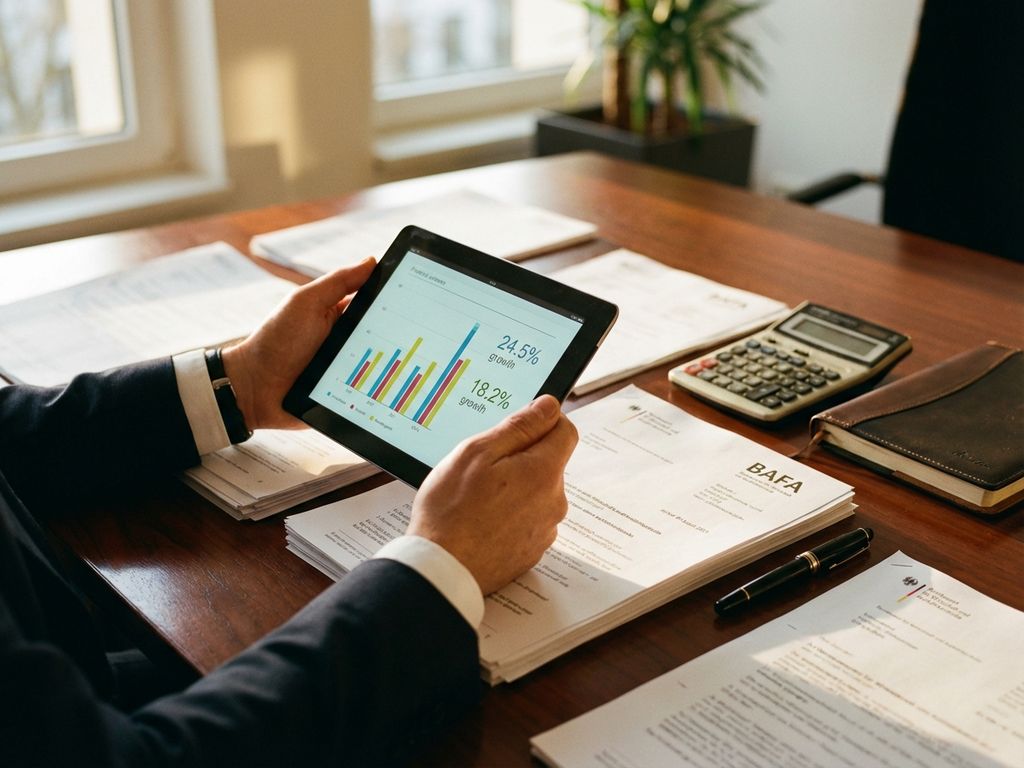 Berater hält Tablet mit Finanzdiagrammen über BAFA-Dokumenten auf Holzschreibtisch mit Taschenrechner und Füller