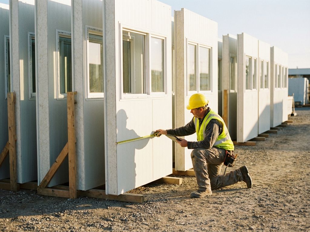 Bauarbeiter in gelbem Helm prüft vorgefertigte weiße Wandpaneele mit Fenstern in Montagehalle bei Sonnenlicht