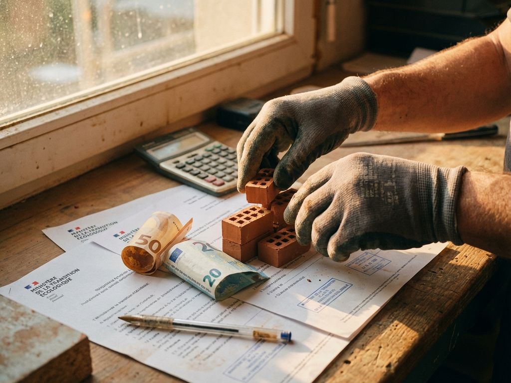Bauarbeiter fügt Modulziegel auf Werkbank zusammen, Euroscheine und Förderdokumente darunter, Taschenrechner daneben