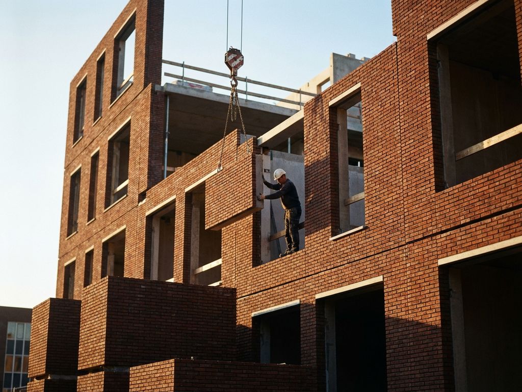 Bauarbeiter positioniert vorgefertigtes Ziegelmodul mit Kran an mehrstöckigem Modulbau bei goldenem Sonnenlicht