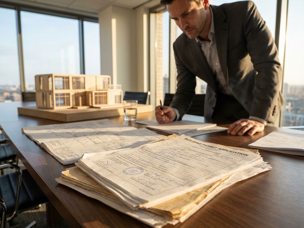 Geschäftsmann prüft Baugenehmigungen und Rechtsdokumente mit Modulbau-Modell auf Konferenztisch im Büro