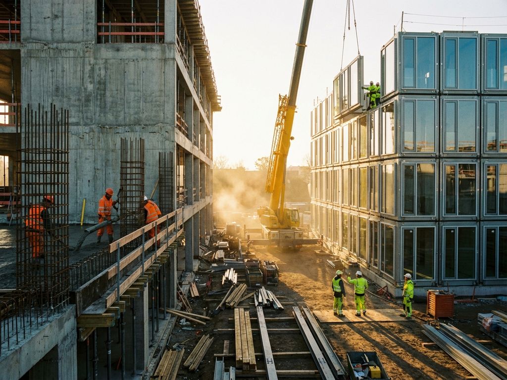 Moderne Baustelle mit traditionellem Betonbau und modularer Fertigteilkonstruktion, Arbeiter in Sicherheitskleidung bei Sonnenuntergang