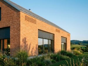 Modernes bayerisches Familienhaus mit Terrakotta-Klinkerfassade, teilweise geöffneten Rollläden und gepflegtem Garten