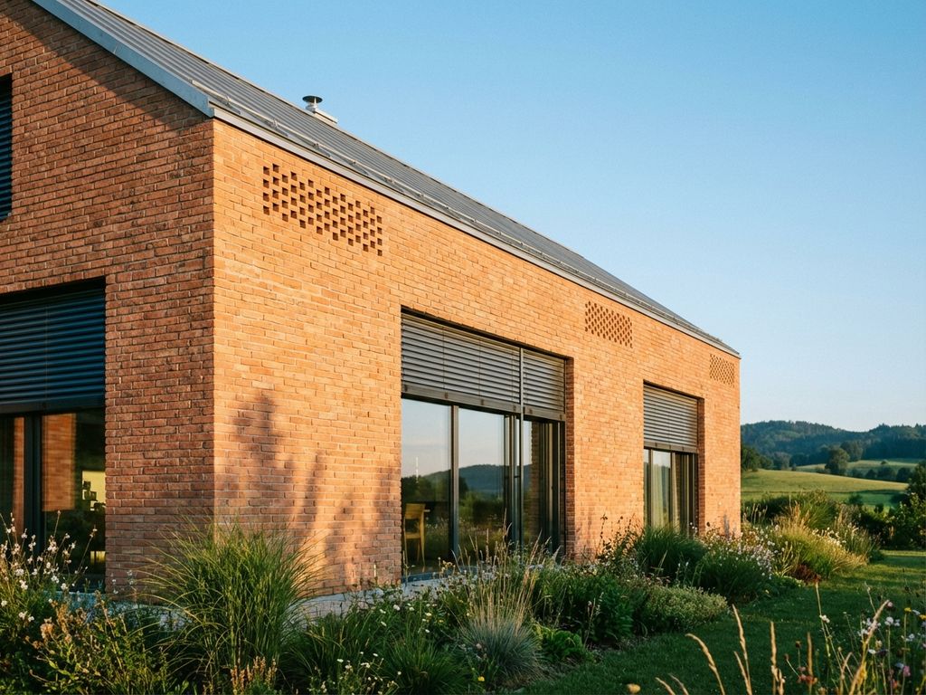 Modernes bayerisches Familienhaus mit Terrakotta-Klinkerfassade, teilweise geöffneten Rollläden und gepflegtem Garten