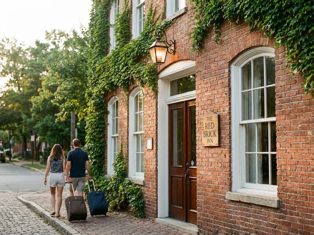 Boutique-Hotel-Fassade aus rotem Backstein mit Bogenfenstern, Holztüren und Efeu bei goldenem Sonnenlicht