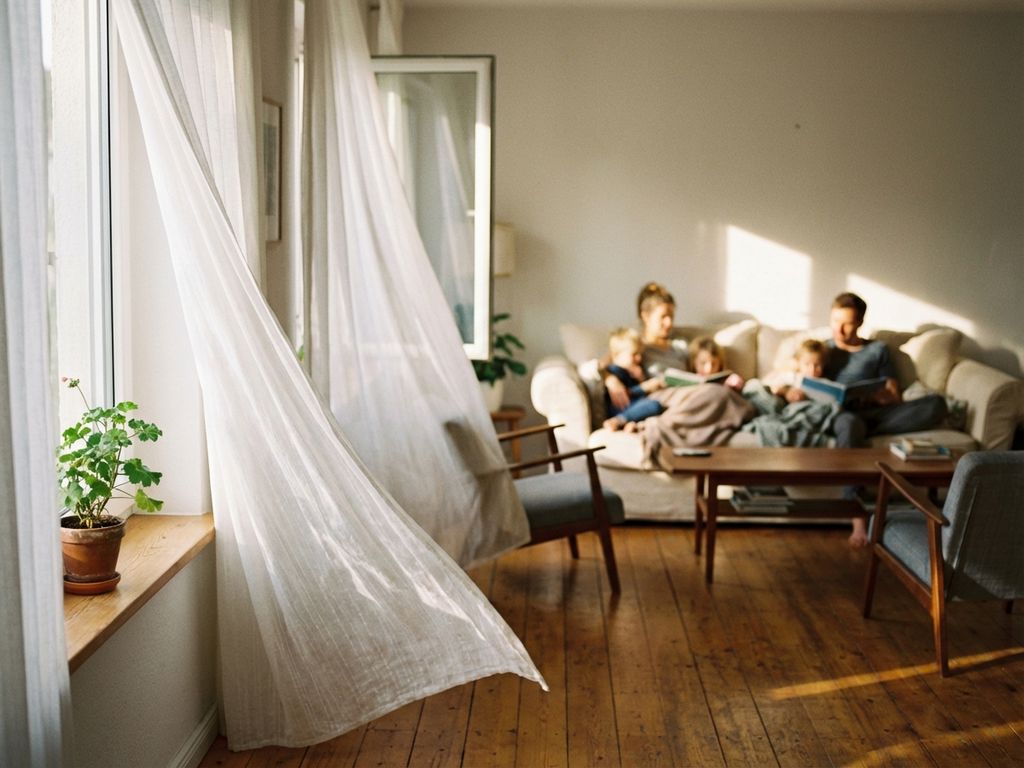 Familie entspannt im modernen deutschen Wohnzimmer mit wehenden Vorhängen am offenen Fenster und warmem Sonnenlicht