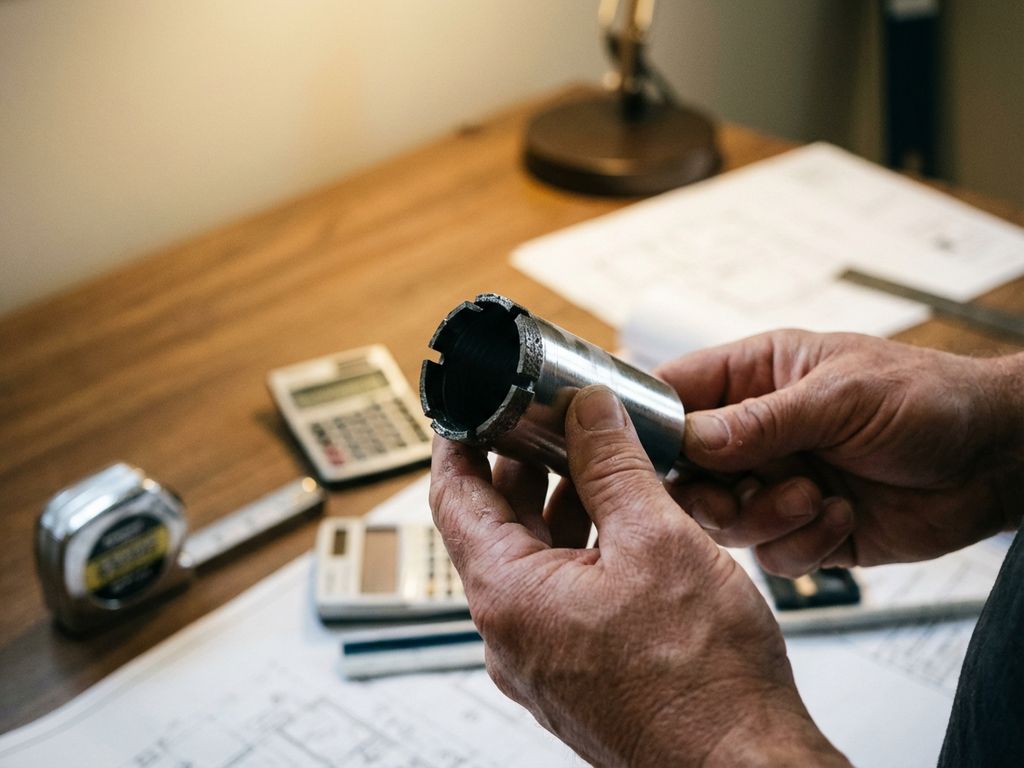 Professioneller Auftragnehmer hält Diamant-Kernbohrer über Schreibtisch mit Maßband und Taschenrechner im Büro