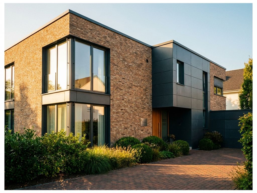 Modernes Backsteinhaus mit energieeffizienten Fenstern und grüner Landschaftsgestaltung in zeitgenössischer Architektur