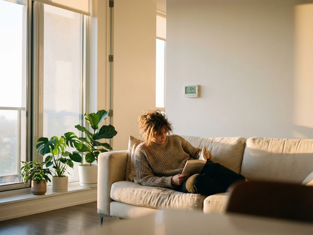 Person entspannt auf modernem Sofa in hellem Wohnzimmer mit digitalem Stromzähler an der Wand und Pflanzen