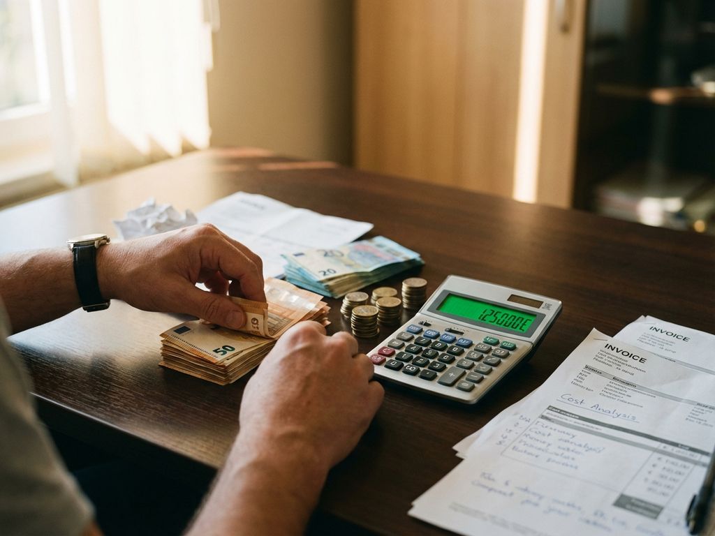 Geschäftsmann ordnet Euro-Banknoten und Münzen auf Schreibtisch mit Taschenrechner und Rechnungsdokumenten