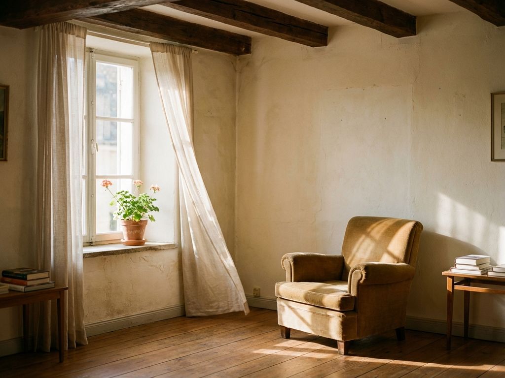 Gemütliche Leseecke in europäischer Altbauwohnung mit Holzbalken, Sessel am Fenster und warmem Nachmittagslicht