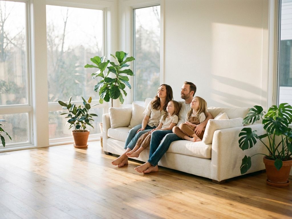 Familie von vier Personen entspannt auf cremefarbener Couch in modernem Wohnzimmer mit Holzboden und Zimmerpflanzen