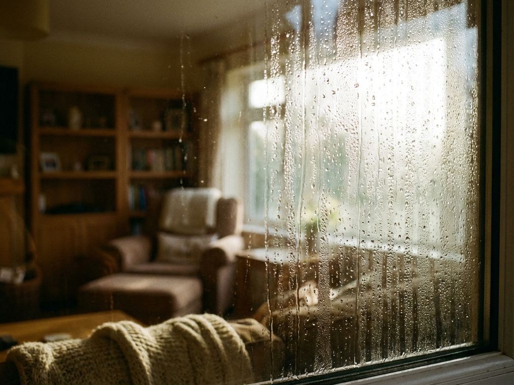 Kondensation tropft an Wohnzimmerfenster herab, warme Holzmöbel im unscharfen Hintergrund bei sanftem Morgenlicht
