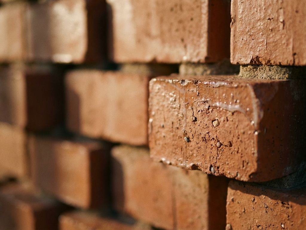 Rote Ziegel mit feuerfester Beschichtung in architektonischem Muster gestapelt, warme Beleuchtung betont Textur