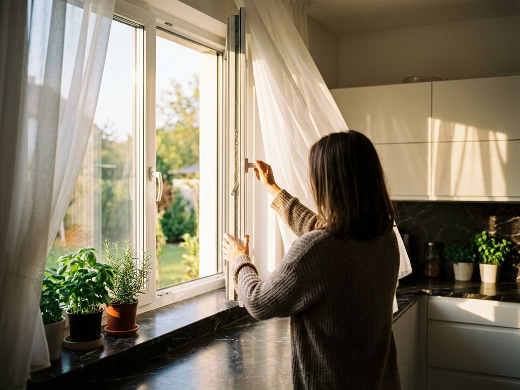 Frau öffnet Küchenfenster bei Morgenlicht, weiße Vorhänge wehen sanft, moderne Küche mit Marmor und Kräutertöpfen