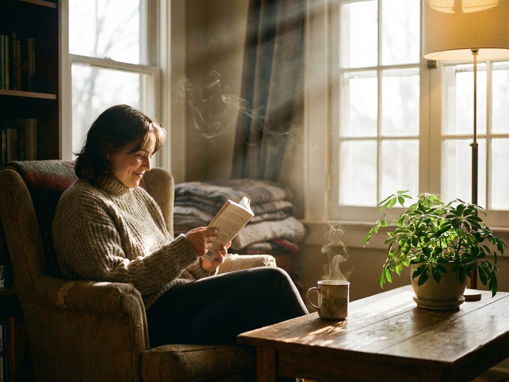 Person entspannt mit Buch in gemütlichem Wohnzimmer, goldenes Sonnenlicht durch energieeffiziente Fenster, Tee auf Tisch