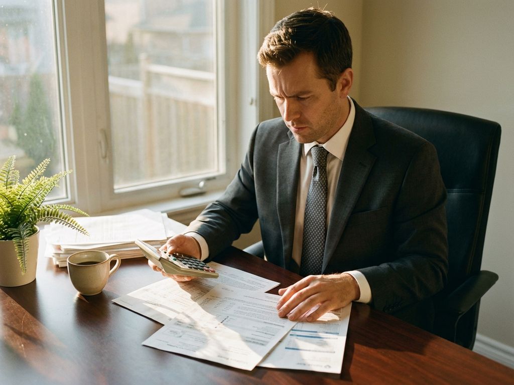 Geschäftsmann im Anzug prüft Stromrechnung mit Taschenrechner am Schreibtisch bei goldenem Sonnenlicht