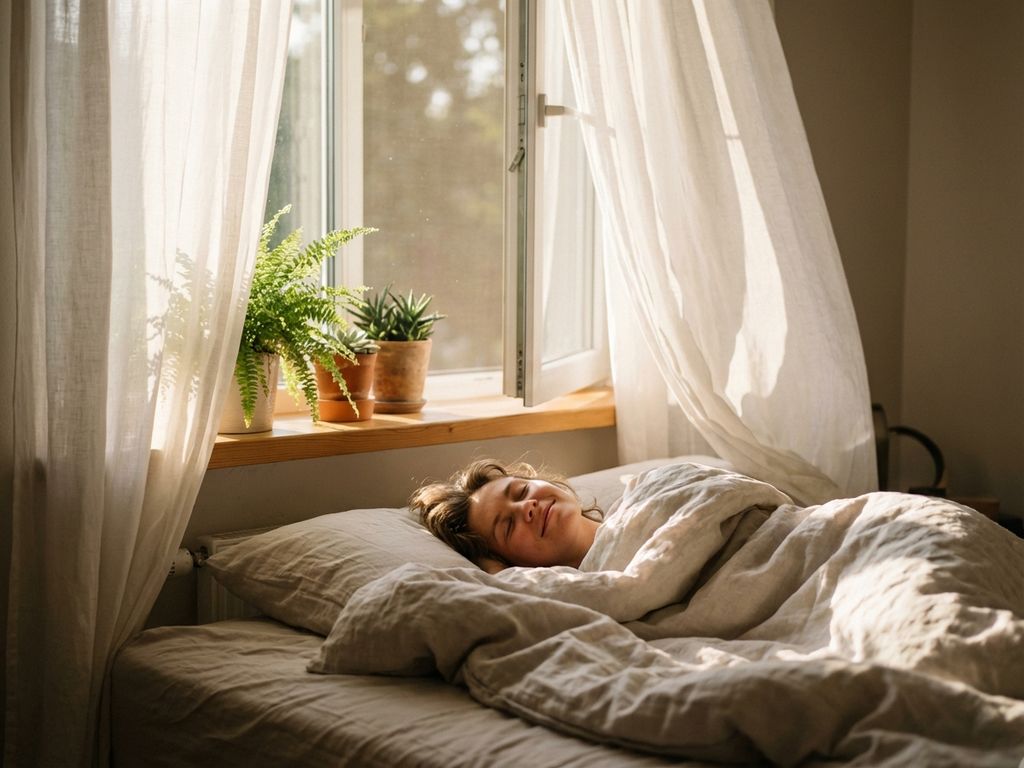 Person schläft friedlich im Bett bei sanftem Morgenlicht, weiße Vorhänge bewegen sich im Luftzug am offenen Fenster