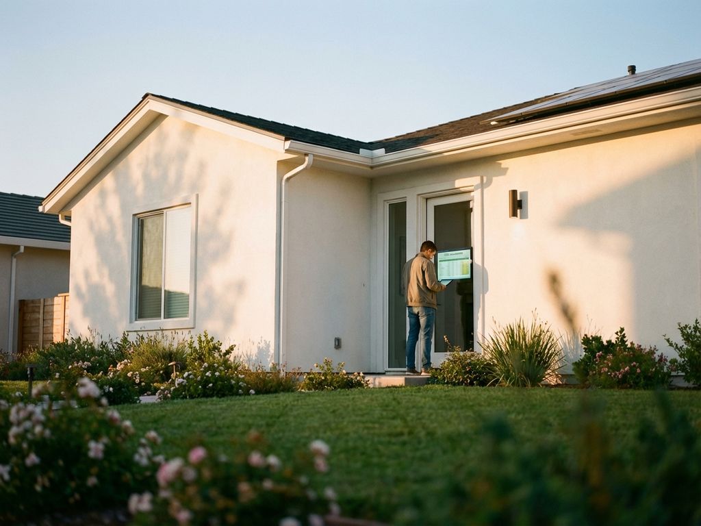 Hausbesitzer mit Tablet vor modernem weißen Einfamilienhaus mit großen Fenstern und gepflegtem Garten