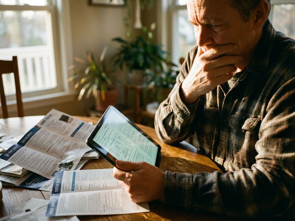 Besorgter Hausbesitzer mit Tablet und technischen Unterlagen am Holztisch, umgeben von Garantiepapieren und Broschüren