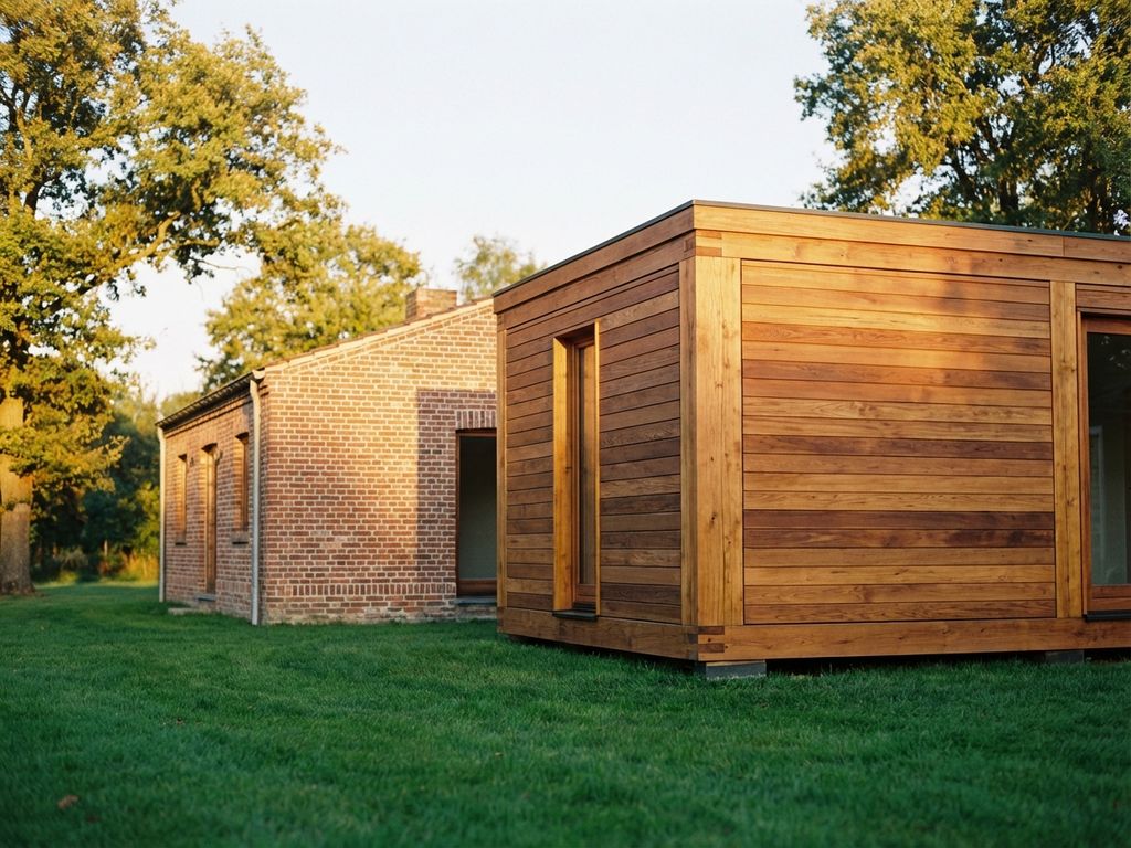 Modernes Holzhaus und traditionelles Backsteinhaus mit detaillierter Handwerkskunst auf grünem Rasen bei goldenem Licht