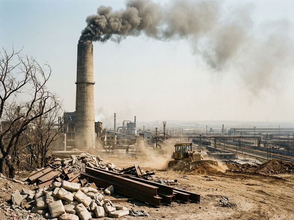 Industrieller Schornstein stößt grauen Rauch aus, Bulldozer und Baumaterialien im Vordergrund, verschmutzte Landschaft