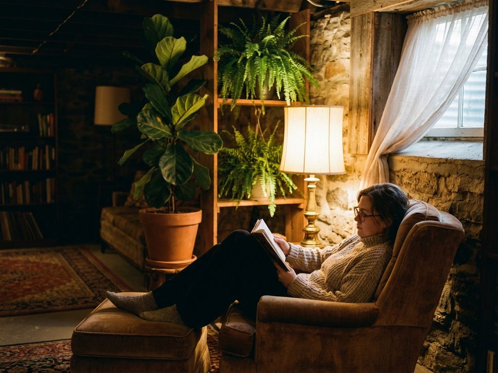 Person entspannt lesend in gemütlichem Kellerraum mit Pflanzen, warmer Beleuchtung und natürlicher Luftzirkulation