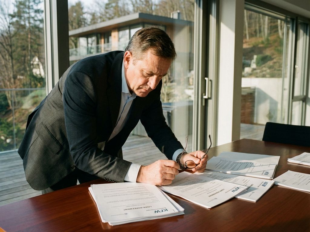 Geschäftsmann im Anzug prüft KfW-Bankdokumente und Kreditunterlagen am Schreibtisch bei goldenem Sonnenlicht