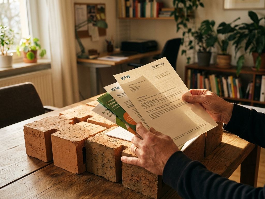 Hausbesitzer hält KfW-Förderunterlagen und betrachtet Tonziegel-Module auf Holztisch bei warmem Tageslicht
