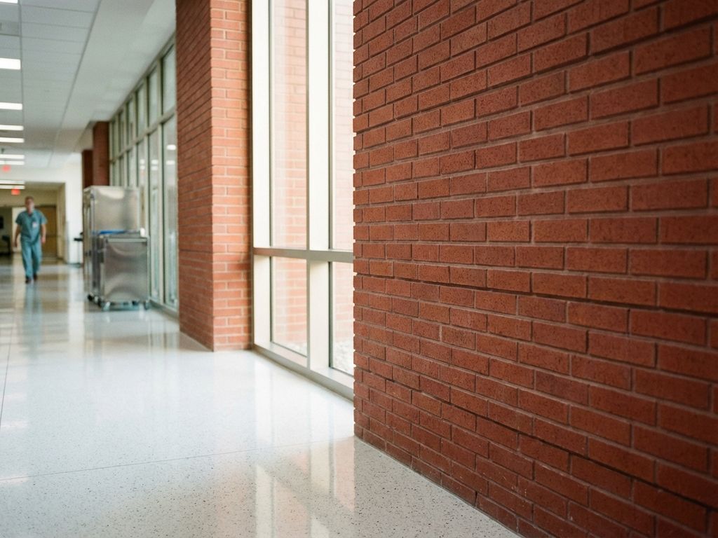 Moderner Krankenhauskorridor mit roter Ziegelwand, natürlichem Licht und polierten weißen Böden