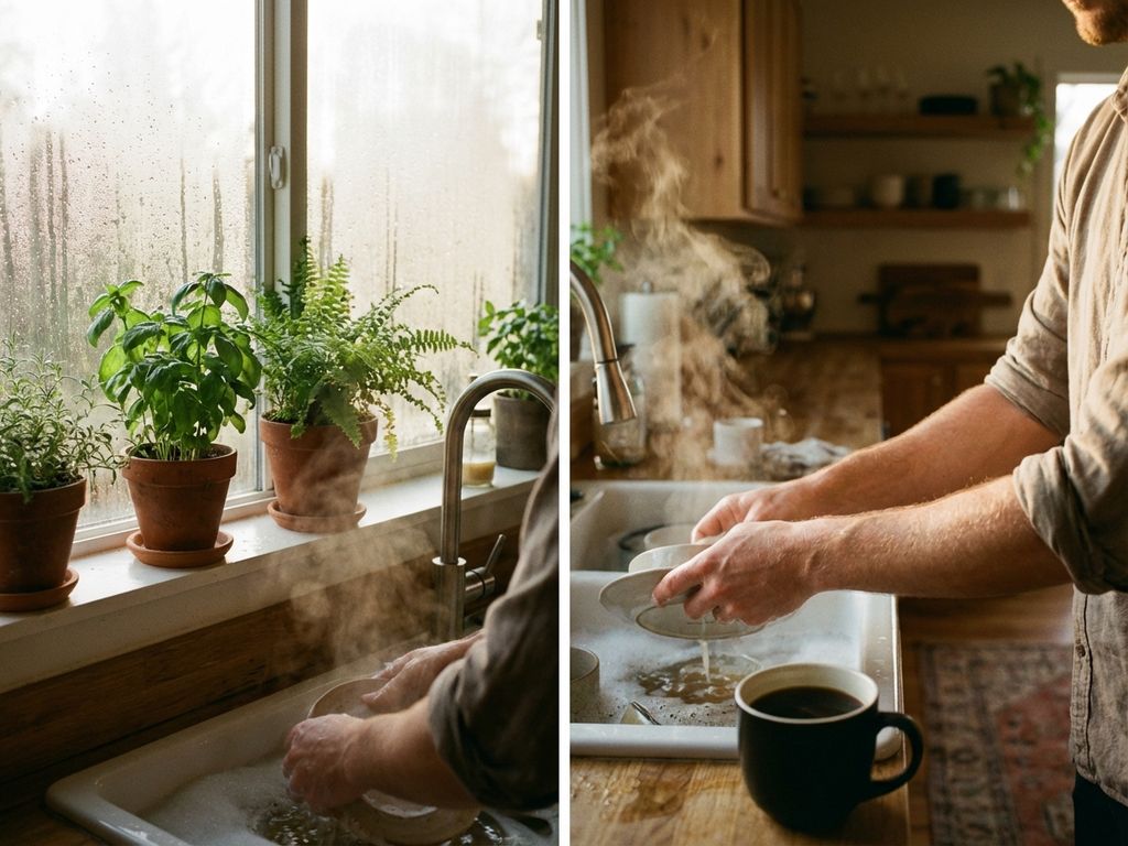 Person spült Geschirr in gemütlicher Küche mit dampfendem Kaffee, beschlagenen Fenstern und Topfpflanzen im Morgenlicht