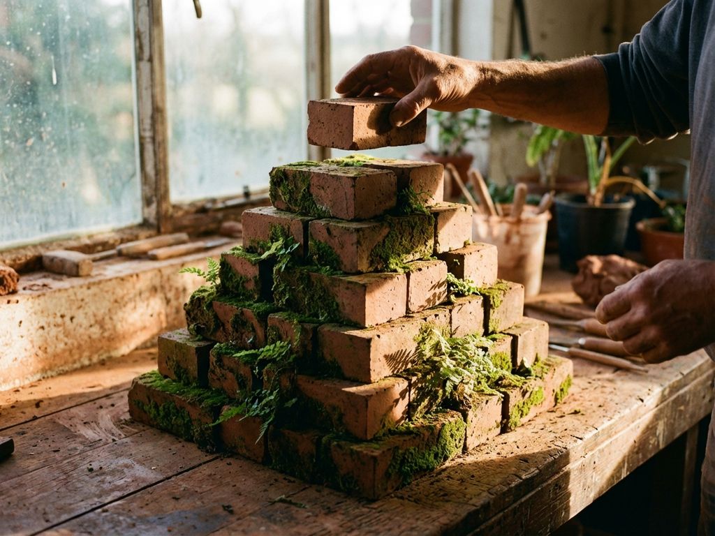 Handwerker stapelt Tonziegel mit Moos auf Holzwerkbank bei warmem Sonnenlicht in traditioneller Werkstatt