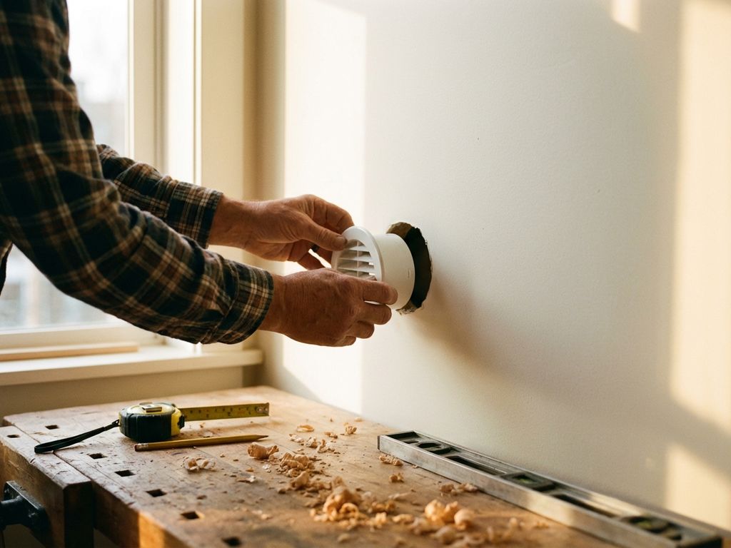 Handwerker installiert weiße Lüftungsanlage in Wandöffnung, Werkzeuge auf Holzwerkbank, warmes Sonnenlicht