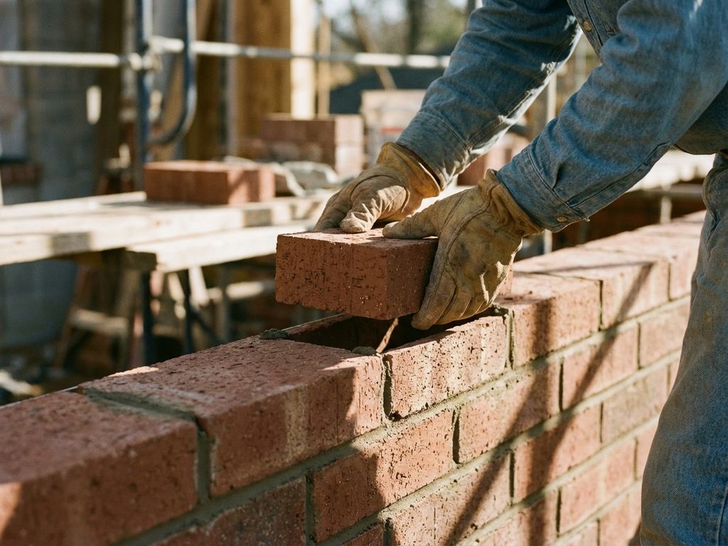 Bauarbeiter setzt roten Ziegelstein auf Mauer, trägt Arbeitshandschuhe, Baustelle mit natürlichem Tageslicht