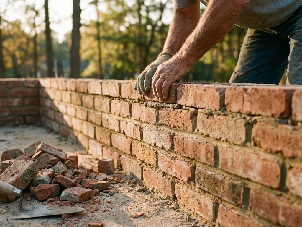 Erfahrene Maurerhände stapeln rote Ziegel mit Mörtel zu einer Wand, Recycling-Fragmente daneben im warmen Sonnenlicht